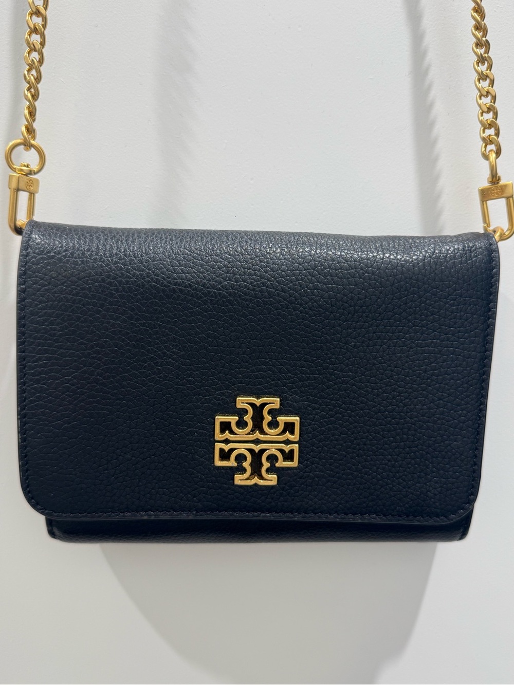 Tory Burch Black Pebbled Leather Crossbody with Gold Logo & Chain